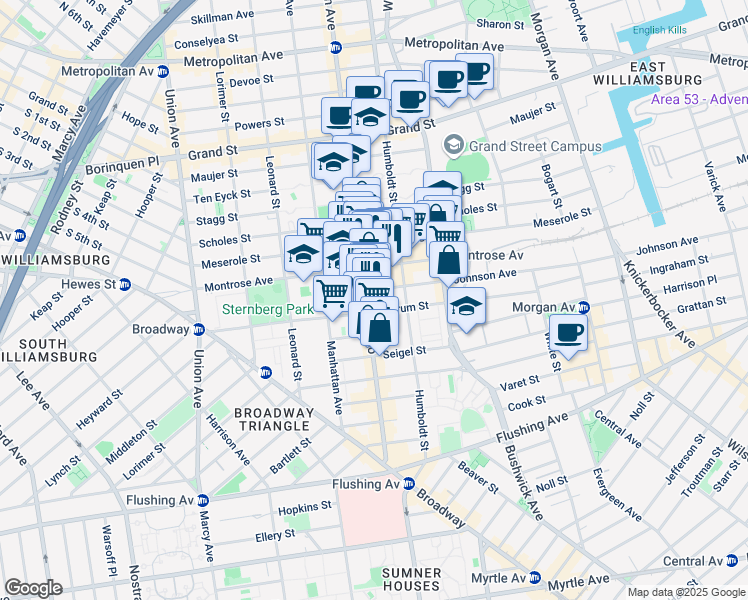 map of restaurants, bars, coffee shops, grocery stores, and more near 181 Montrose Avenue in Brooklyn