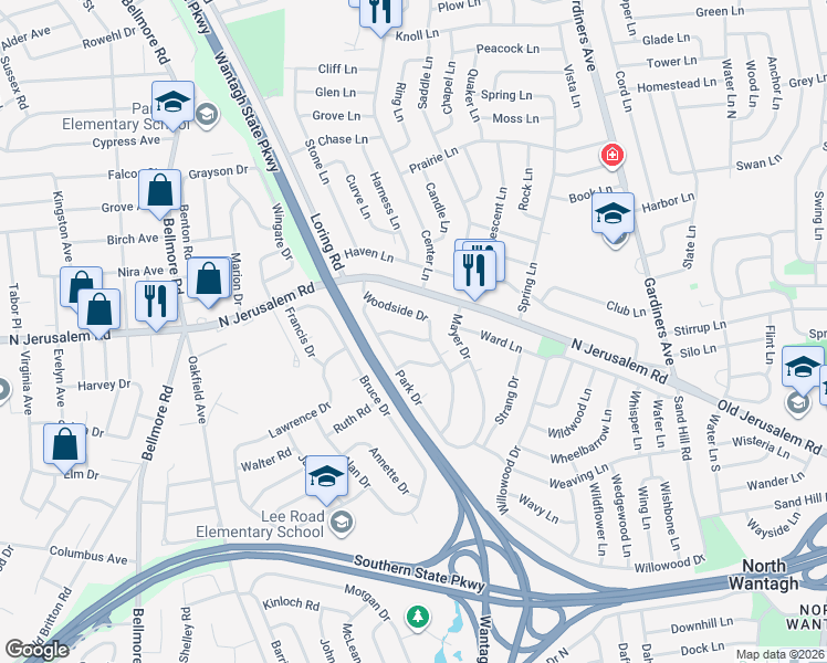 map of restaurants, bars, coffee shops, grocery stores, and more near 761 Woodside Drive in Wantagh