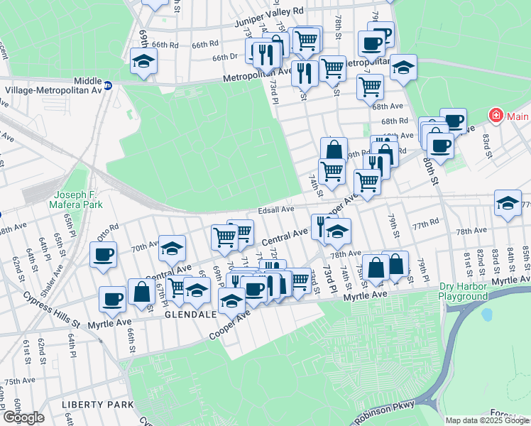 map of restaurants, bars, coffee shops, grocery stores, and more near 7237 70th Avenue in Queens
