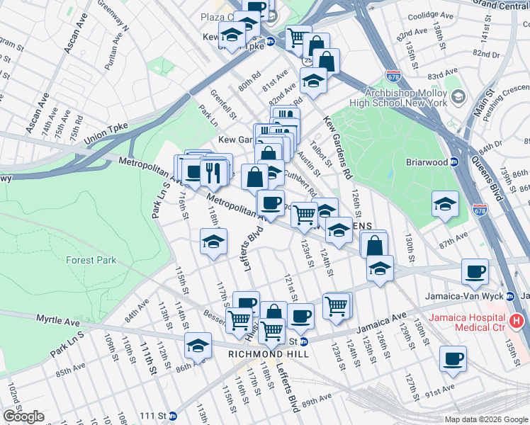 map of restaurants, bars, coffee shops, grocery stores, and more near 119-05 Metropolitan Avenue in Queens