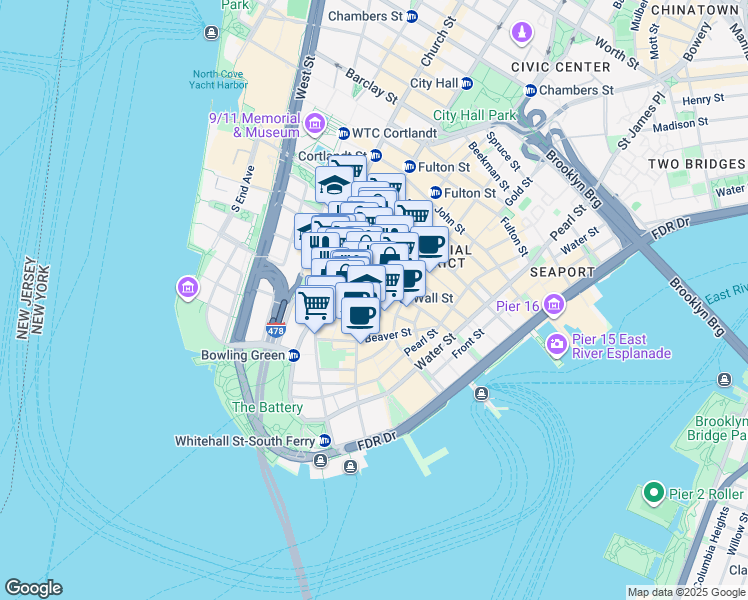 map of restaurants, bars, coffee shops, grocery stores, and more near 26 Rector Street in New York