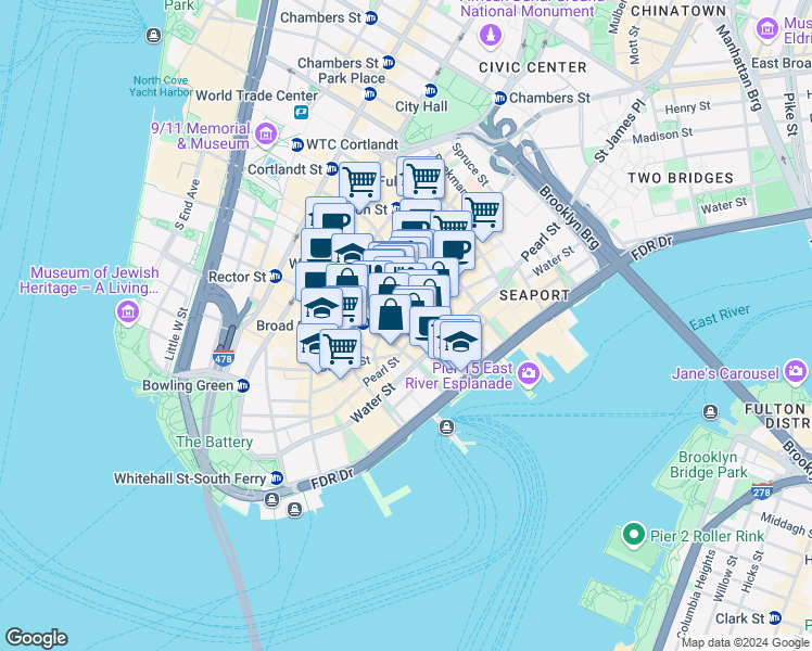map of restaurants, bars, coffee shops, grocery stores, and more near 51 William Street in New York