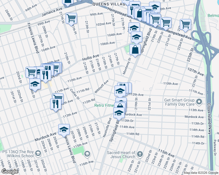 map of restaurants, bars, coffee shops, grocery stores, and more near 215-16 111th Avenue in Queens