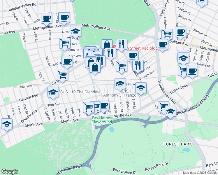 map of restaurants, bars, coffee shops, grocery stores, and more near 83-01 77th Avenue in Queens