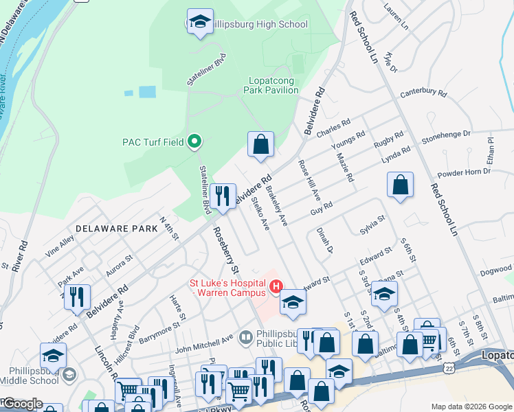 map of restaurants, bars, coffee shops, grocery stores, and more near 997 Belvidere Road in Phillipsburg