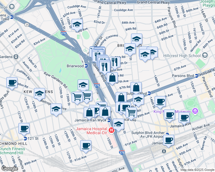 map of restaurants, bars, coffee shops, grocery stores, and more near Queens Blvd & 87th Ave in Queens