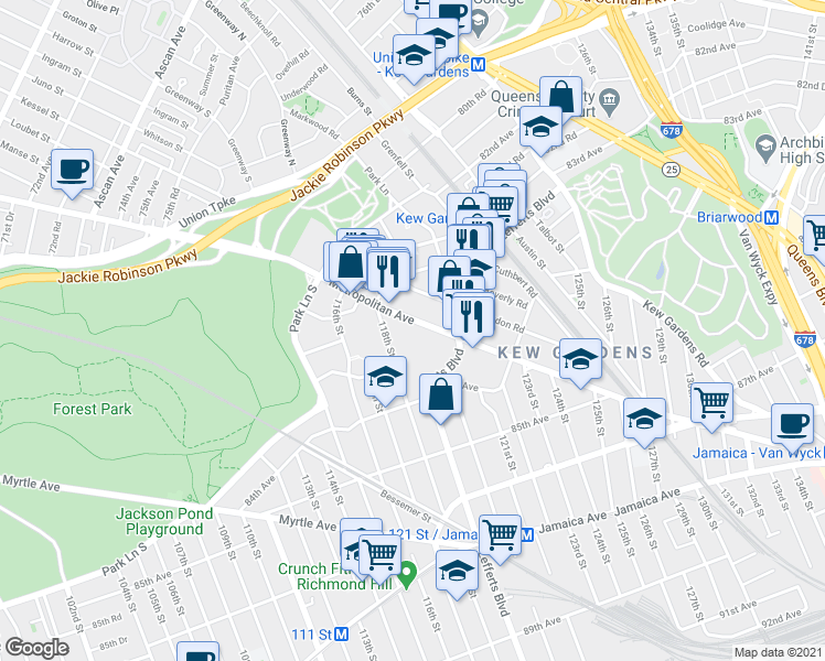 map of restaurants, bars, coffee shops, grocery stores, and more near 118-46 Metropolitan Avenue in Queens