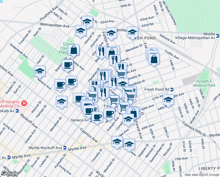 map of restaurants, bars, coffee shops, grocery stores, and more near 20-41 Gates Avenue in Queens