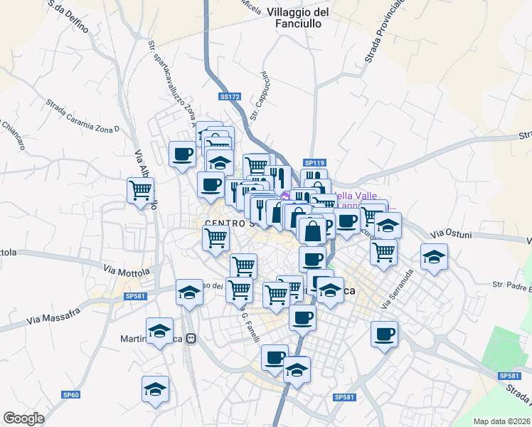 map of restaurants, bars, coffee shops, grocery stores, and more near 18 Via Malta in Martina Franca