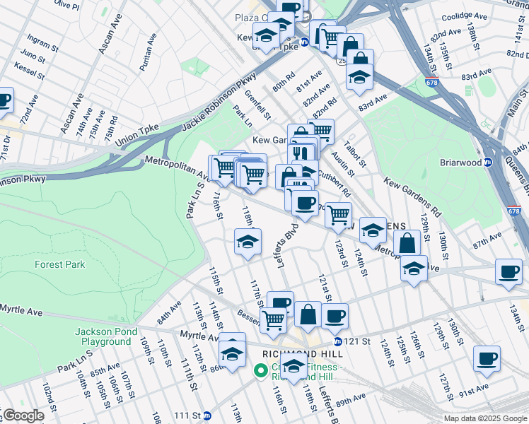 map of restaurants, bars, coffee shops, grocery stores, and more near 118-40 Metropolitan Avenue in Queens
