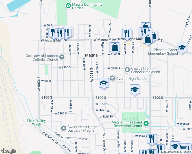 map of restaurants, bars, coffee shops, grocery stores, and more near 2980 Merton Way in Magna