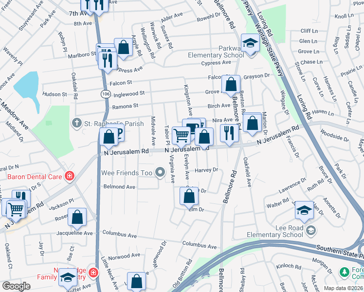 map of restaurants, bars, coffee shops, grocery stores, and more near 2626 Dianne Court in East Meadow