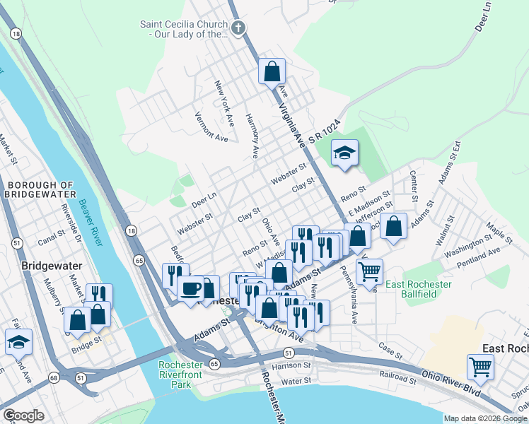 map of restaurants, bars, coffee shops, grocery stores, and more near 445 Ohio Avenue in Rochester