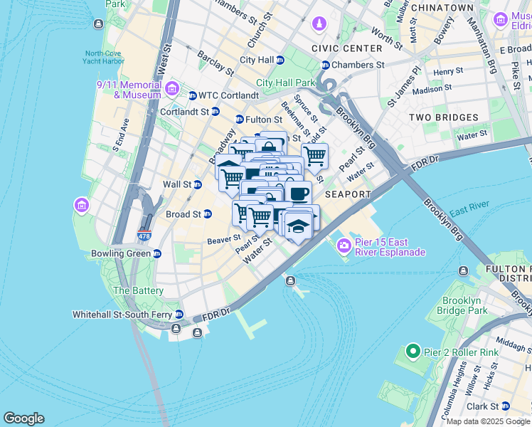 map of restaurants, bars, coffee shops, grocery stores, and more near 101 Maiden Lane in New York
