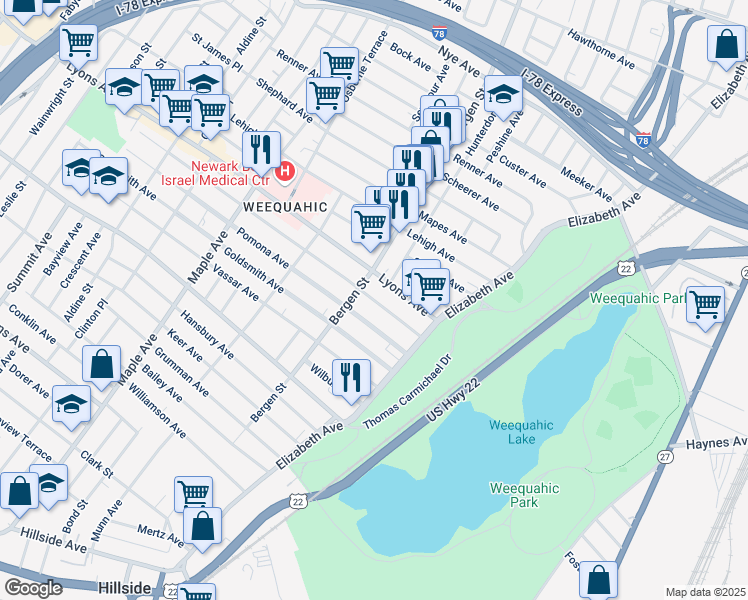 map of restaurants, bars, coffee shops, grocery stores, and more near 59 Lyons Avenue in Newark