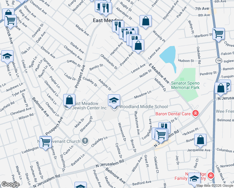 map of restaurants, bars, coffee shops, grocery stores, and more near 589 Adelphi Street in East Meadow