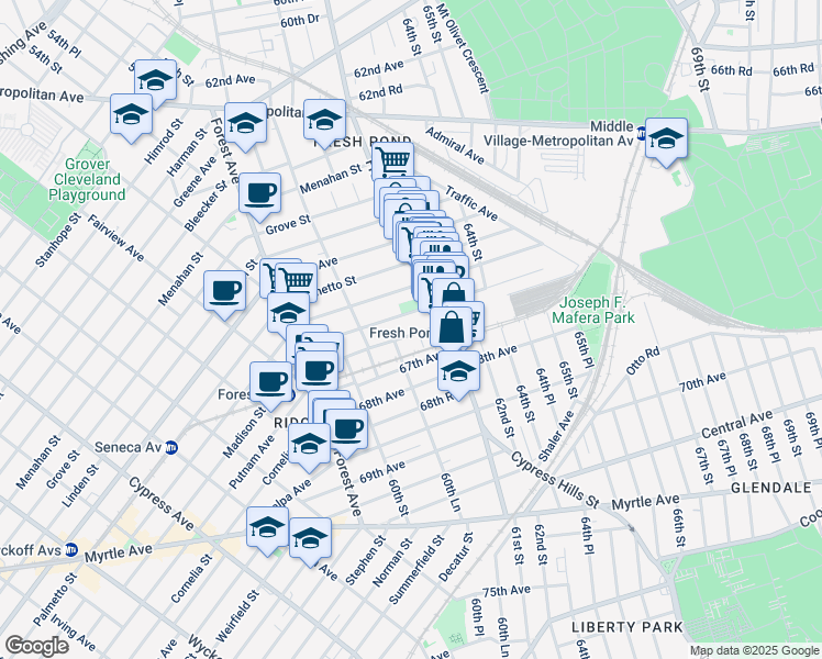 map of restaurants, bars, coffee shops, grocery stores, and more near 60-39 Madison Street in Queens