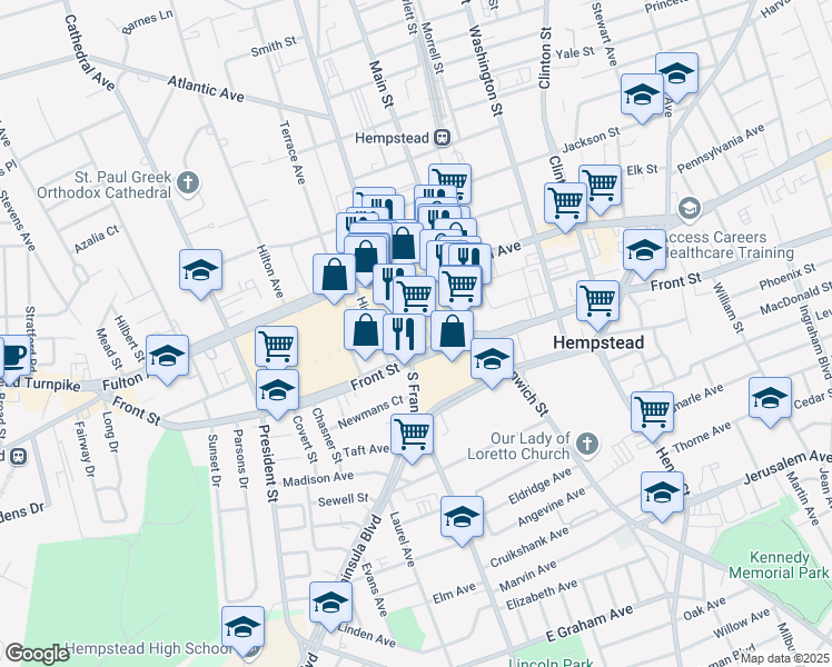 map of restaurants, bars, coffee shops, grocery stores, and more near 38 North Franklin Street in Hempstead