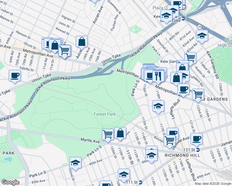 map of restaurants, bars, coffee shops, grocery stores, and more near in Queens