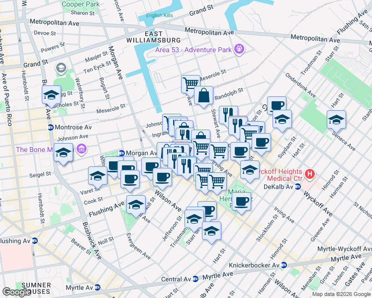 map of restaurants, bars, coffee shops, grocery stores, and more near 117 Grattan Street in Brooklyn