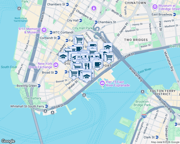 map of restaurants, bars, coffee shops, grocery stores, and more near 138 John Street in New York
