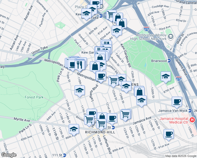 map of restaurants, bars, coffee shops, grocery stores, and more near 119-01 Metropolitan Avenue in Queens