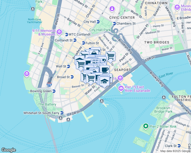 map of restaurants, bars, coffee shops, grocery stores, and more near 101 Maiden Lane in New York