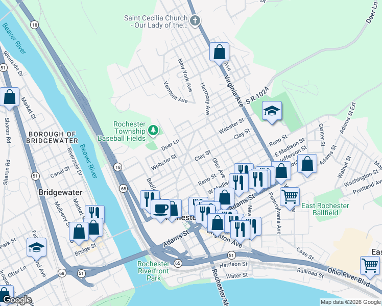 map of restaurants, bars, coffee shops, grocery stores, and more near 475 Oregon Avenue in Rochester