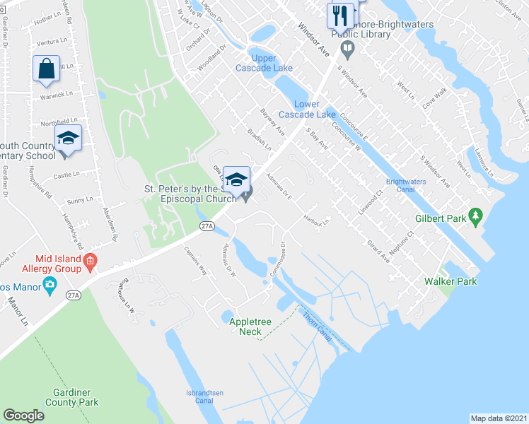 map of restaurants, bars, coffee shops, grocery stores, and more near 309 Admirals Drive East in Bay Shore