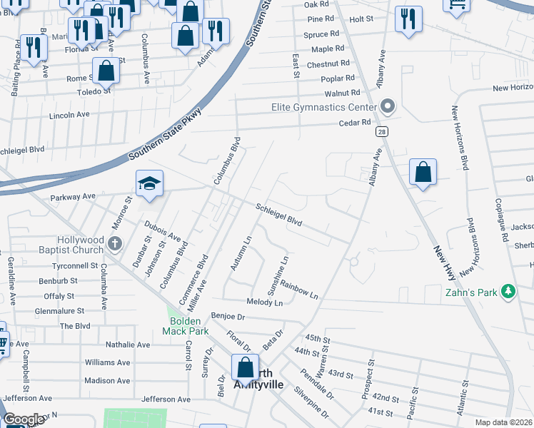 map of restaurants, bars, coffee shops, grocery stores, and more near 89 Schleigel Boulevard in Amityville