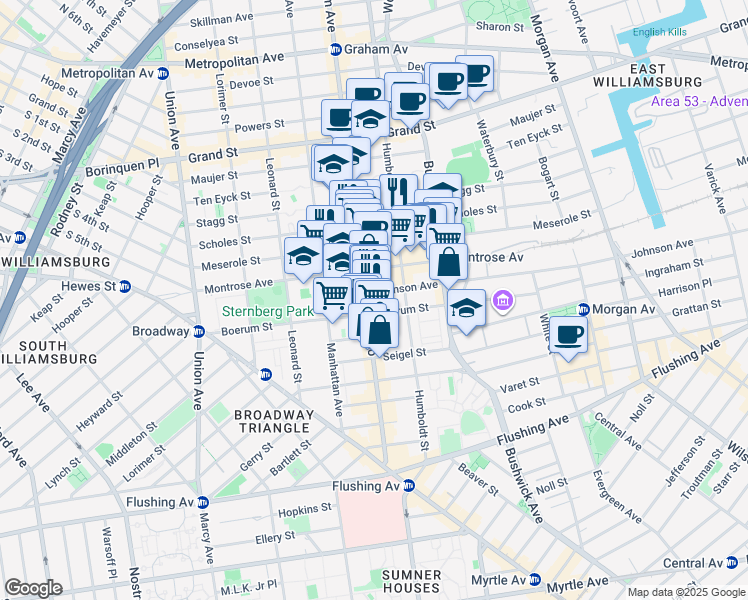 map of restaurants, bars, coffee shops, grocery stores, and more near 181 Montrose Avenue in Brooklyn