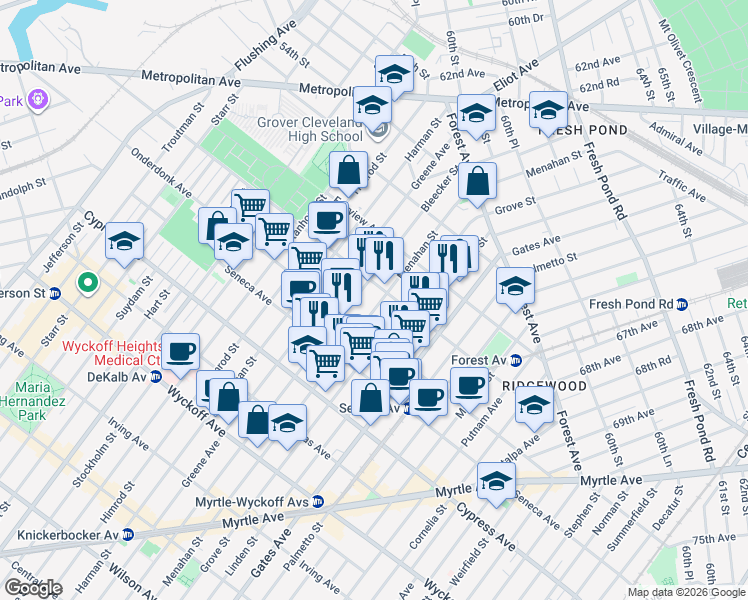 map of restaurants, bars, coffee shops, grocery stores, and more near 18-81 Menahan Street in Queens