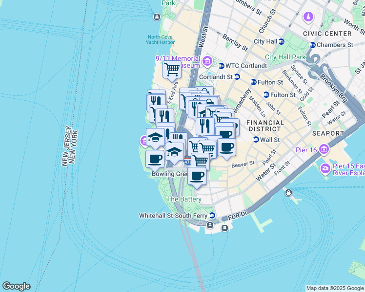 map of restaurants, bars, coffee shops, grocery stores, and more near 21 West Street in New York