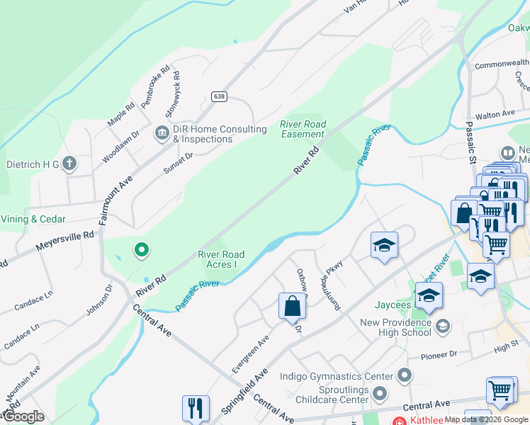 map of restaurants, bars, coffee shops, grocery stores, and more near 567 River Road in Chatham Township