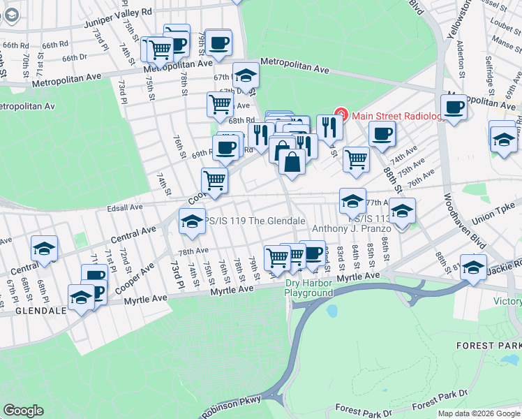 map of restaurants, bars, coffee shops, grocery stores, and more near 7945 77th Avenue in Queens