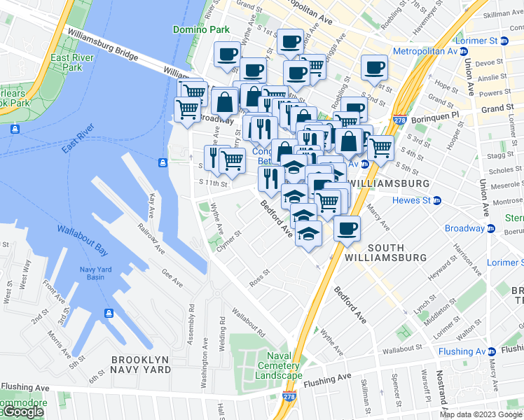 map of restaurants, bars, coffee shops, grocery stores, and more near 500 Bedford Avenue in Brooklyn