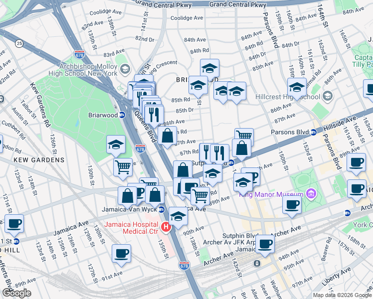 map of restaurants, bars, coffee shops, grocery stores, and more near 139-29 87th Avenue in Queens