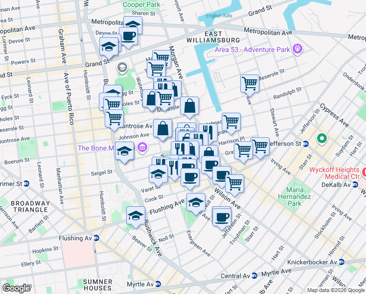 map of restaurants, bars, coffee shops, grocery stores, and more near Bogart St & McKibbin St in Brooklyn