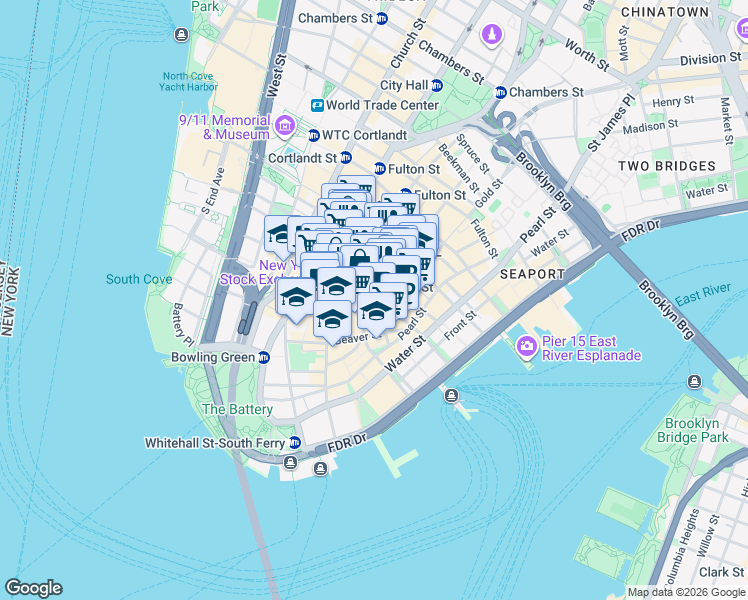 map of restaurants, bars, coffee shops, grocery stores, and more near William St & Wall St in New York