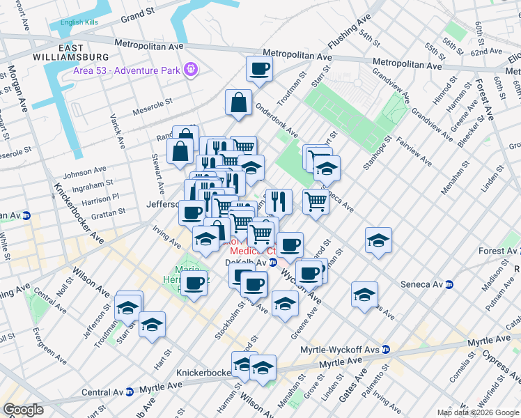 map of restaurants, bars, coffee shops, grocery stores, and more near 432 Suydam Street in Brooklyn