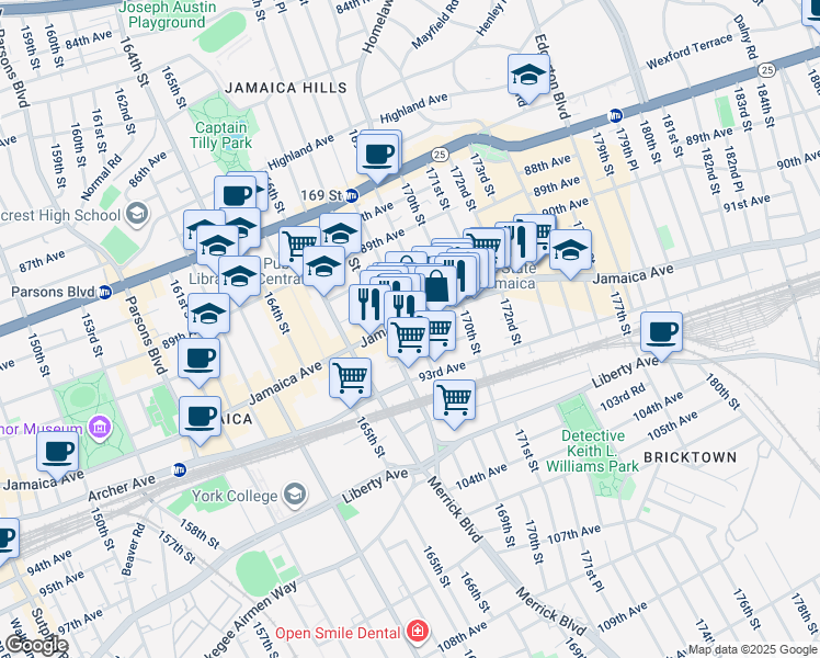 map of restaurants, bars, coffee shops, grocery stores, and more near in Queens