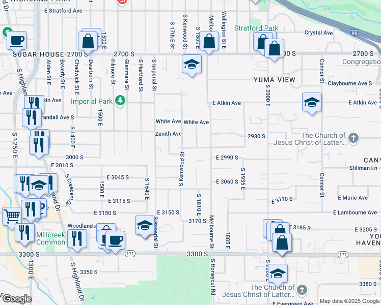 map of restaurants, bars, coffee shops, grocery stores, and more near 1815 Bosham Lane in Salt Lake City