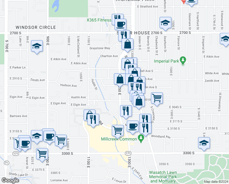 map of restaurants, bars, coffee shops, grocery stores, and more near 1204 Hudson Avenue South in Salt Lake City