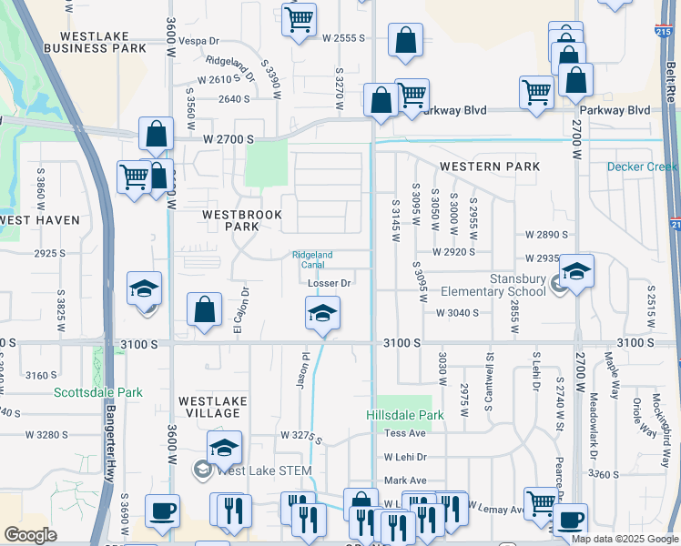 map of restaurants, bars, coffee shops, grocery stores, and more near 3261 Brookway Drive in West Valley City