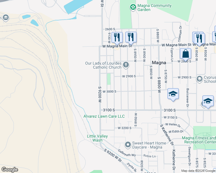 map of restaurants, bars, coffee shops, grocery stores, and more near 2930 South 9100 West in Magna
