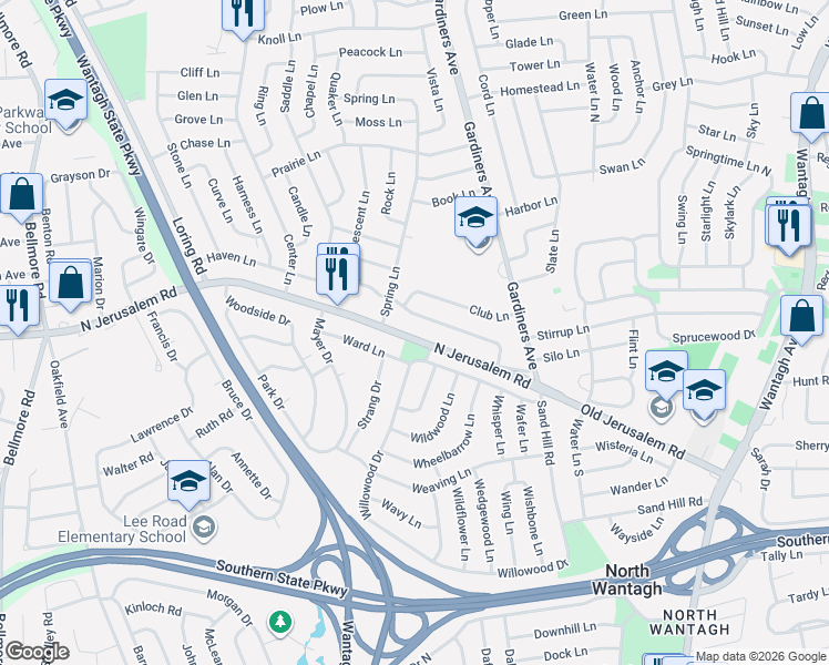map of restaurants, bars, coffee shops, grocery stores, and more near 114 Haven Lane in Levittown
