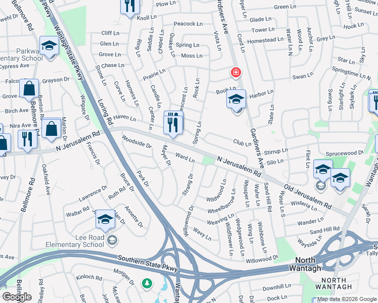 map of restaurants, bars, coffee shops, grocery stores, and more near 3135 North Jerusalem Road in Levittown
