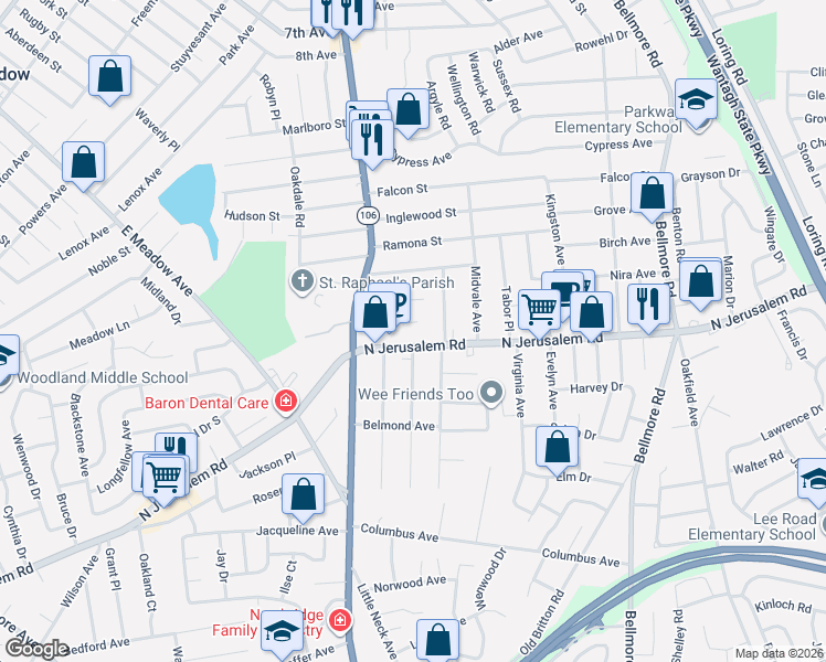 map of restaurants, bars, coffee shops, grocery stores, and more near 2508 Poppy Street in East Meadow