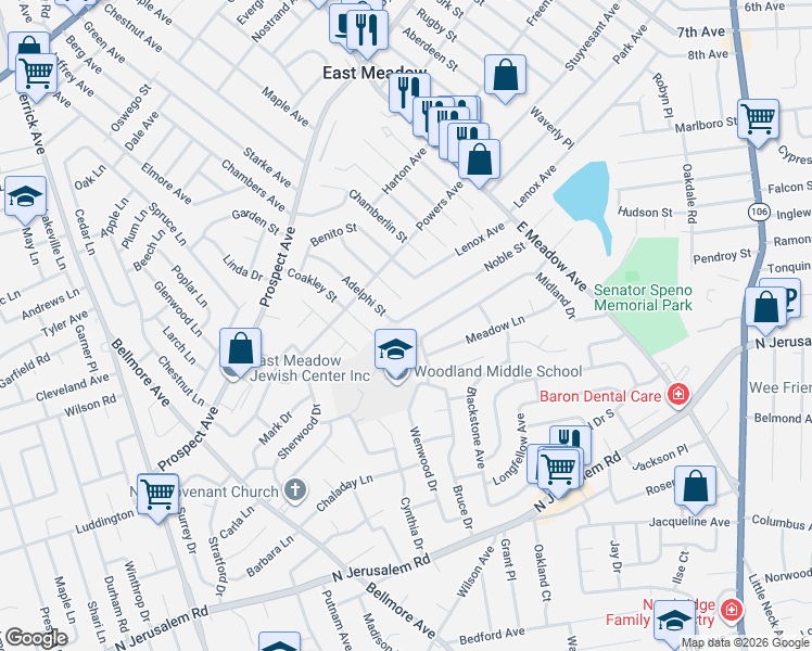 map of restaurants, bars, coffee shops, grocery stores, and more near 589 Adelphi Street in East Meadow