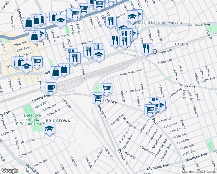 map of restaurants, bars, coffee shops, grocery stores, and more near 102-11 184th Street in Queens